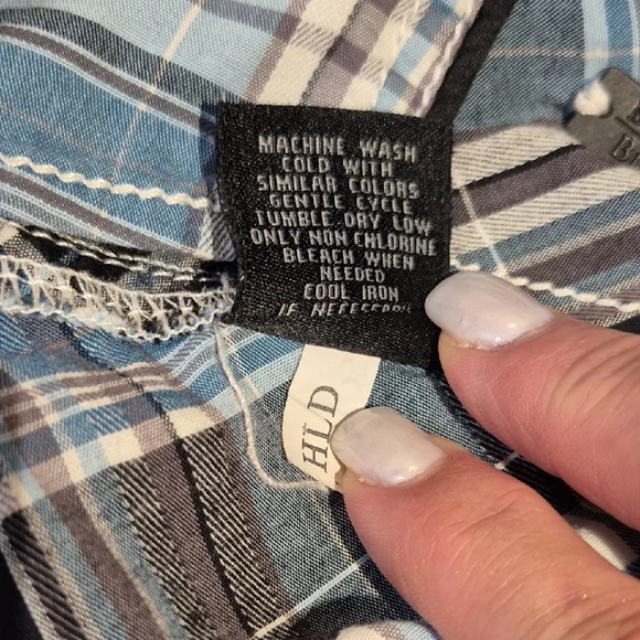 Buckle Black, Long Sleeve Black Label  Blue and Black Plaid Snap Down Mens Shirt - Picture 11 of 16